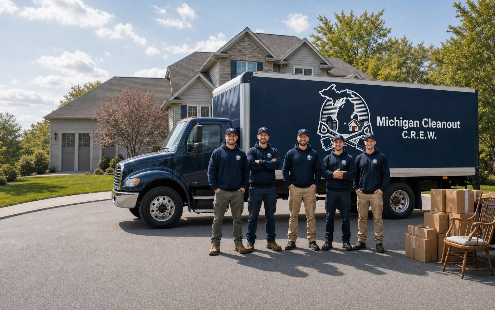 Five Michigan Cleanout C.R.E.W. team members standing in front of their box truck