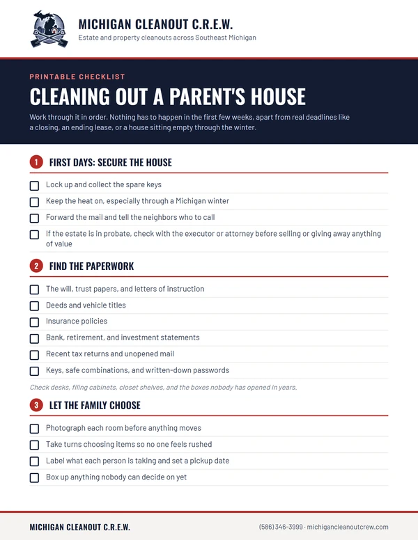 First page of the printable checklist for cleaning out a parent's house